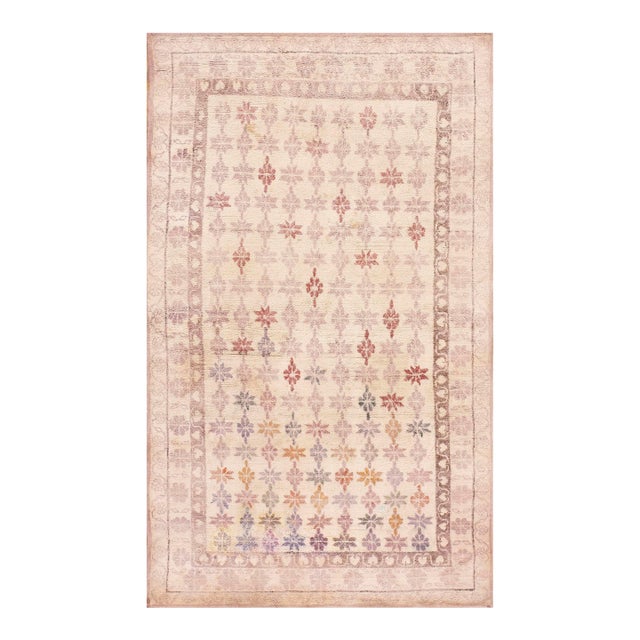 1920s Ivory Purple Geometric Triban Antique Indian Cotton Agra Rug 3'10" X 6'8" Pile Knotted Carpet For Sale