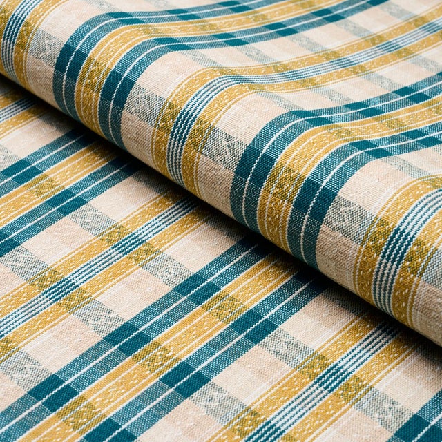 Schumacher Fonda Fabric In Teal & Citron For Sale