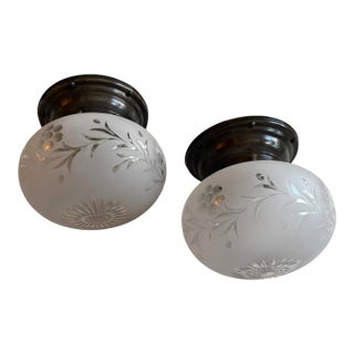 Circa 1920’s Rare Pair of Wheelcut Flowers and Vines Glass Ceiling Lights For Sale
