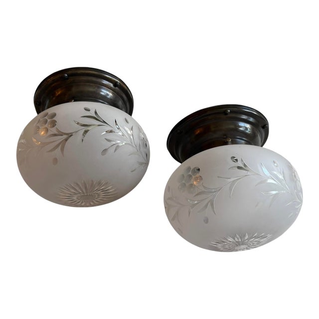 Circa 1920’s Rare Pair of Wheelcut Flowers and Vines Glass Ceiling Lights For Sale