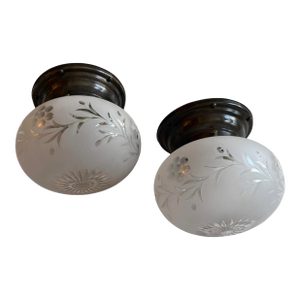 Circa 1920’s Rare Pair of Wheelcut Flowers and Vines Glass Ceiling Lights