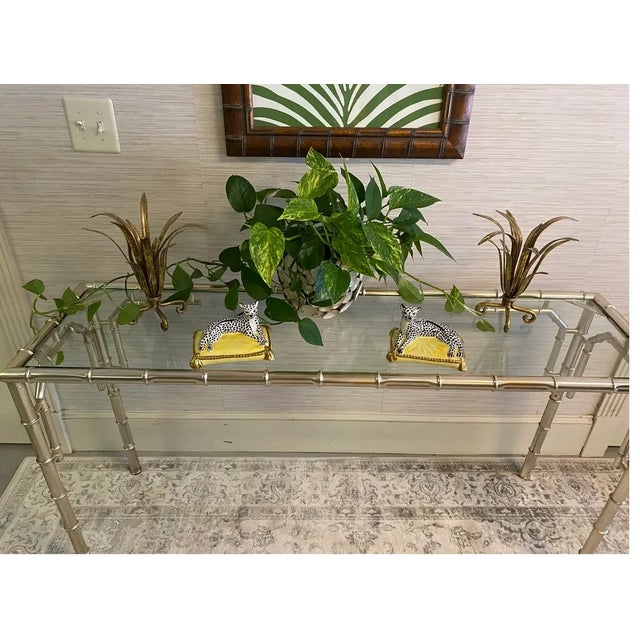Mid 20th Century Mid 20th Century Tubular Metal Faux Bamboo Glass Top Console Table For Sale - Image 5 of 11
