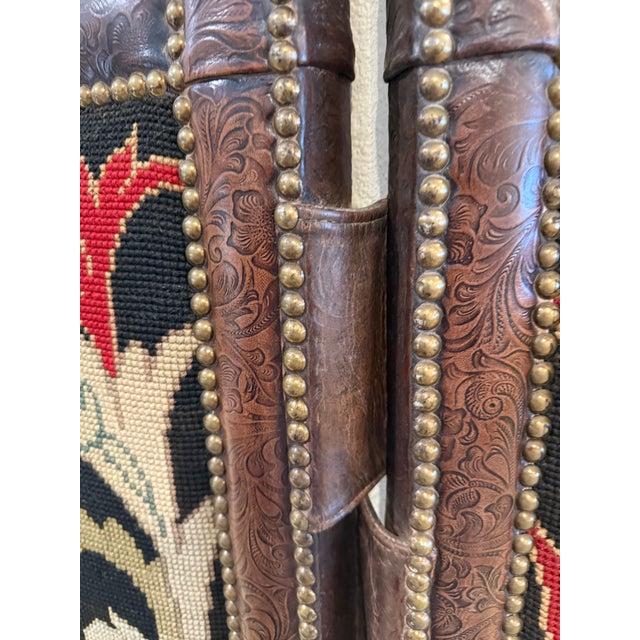 Embossed Leather and Needlepoint 2 Panel Screen For Sale - Image 14 of 14