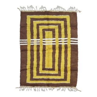 Brown Mustard Handwoven Berber Wool Rug - 9.5 X 6.6 Ft For Sale