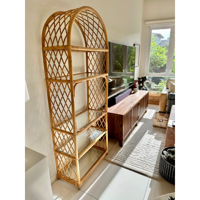 The Inside Boho Chic Mid Century Vintage Bamboo 5 Tier Glass Shelf / Etagere For Sale - Image 4 of 8