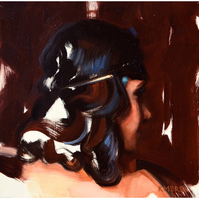 This oil on panel piece captures the profile of a woman adorned with a delicate hair ornament, her glossy locks cascading...