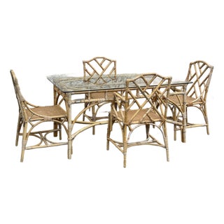 Vintage Rattan and Cane Dining Set With Four Chairs, 1970s For Sale