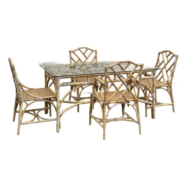 Vintage Rattan and Cane Dining Set With Four Chairs, 1970s For Sale