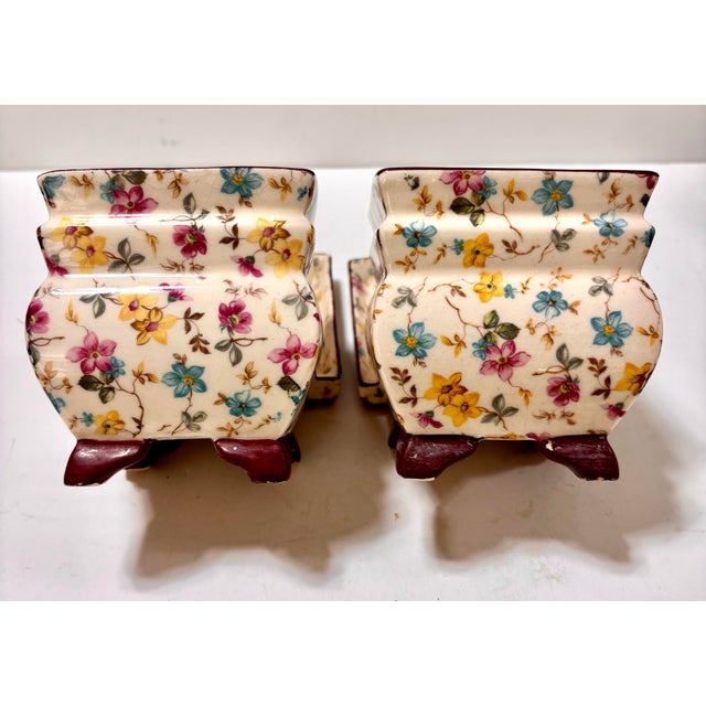 Shabby Chic Vintage Mid Century Erphila Czecho-Slovakia Chintz Flower Pots With Saucers, a Pair For Sale - Image 3 of 12