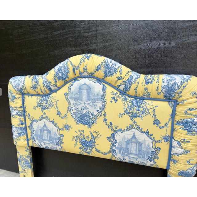 Toile De Joie Upholstered French Cottage Bed Headboard Full/Queen For Sale - Image 4 of 6