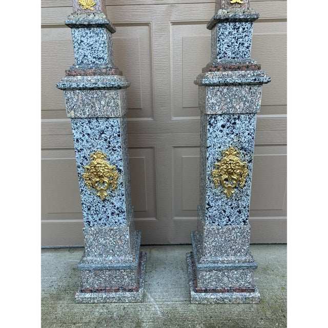Pink Monumental Neoclassical Grand Tour Ormolu Mounted Marble Obelisks on Pedestals For Sale - Image 8 of 12