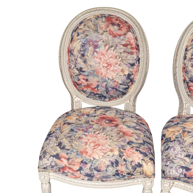 Antique White 1980s French Style Shabby Chic Dining Chairs Floral Upholstery Distressed Crackle Finish - Set of 4 For Sale - Image 8 of 18