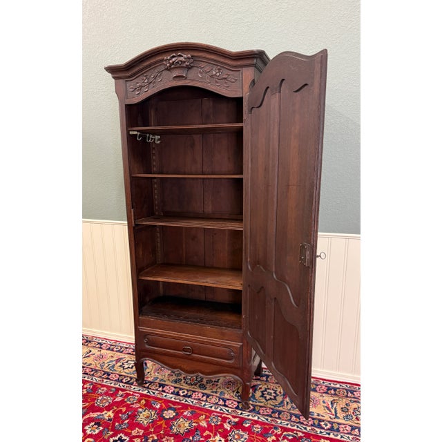 Brown Antique French Louis XV Style Armoire Cupboard Linen Cabinet Bonnetiere Oak For Sale - Image 8 of 18