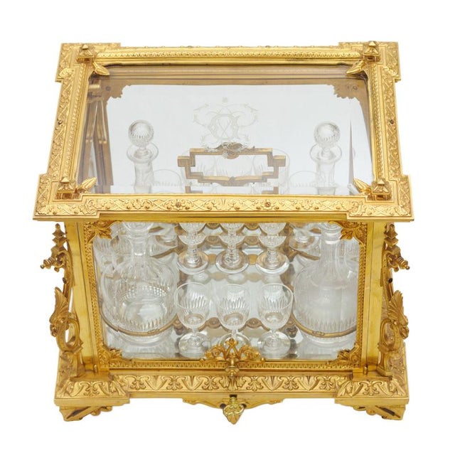Metal French Liqueur Cabinet in Gilt Bronze and Crystal, 1800s For Sale - Image 7 of 9