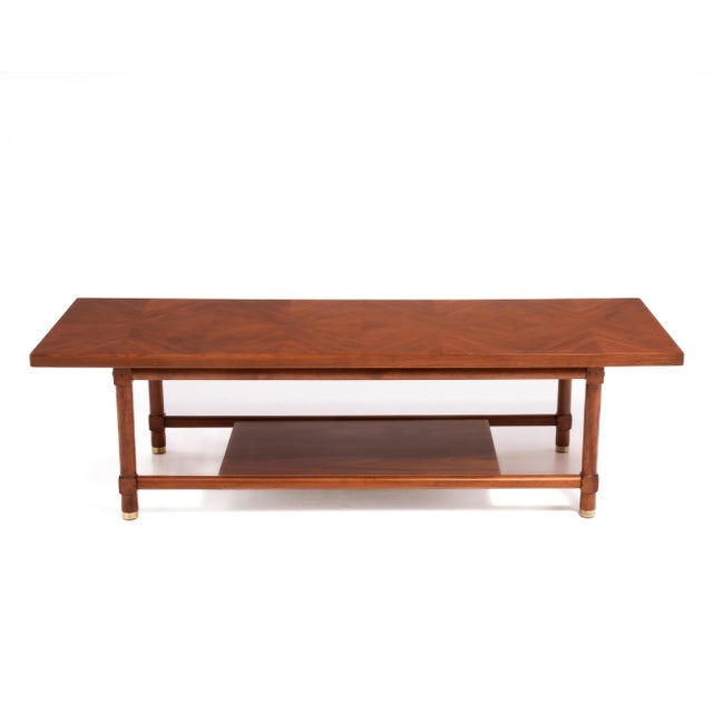 Wood Walnut Mid Century Checkerboard Coffee Table Brass Cap Feet After Carl Axel Acking For Sale - Image 7 of 13