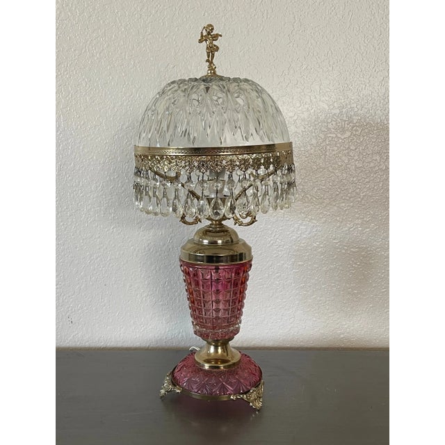 Metal Italian Mid-Century Mauve Rose and White Cut Crystal and Brass Table Lamp For Sale - Image 7 of 12
