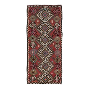 Vintage Kilim Red Handmade Flatweave Tribal Motif Wool Runner