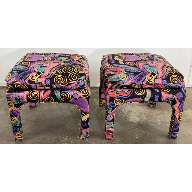 Black Vintage Abstract Upholstered Parsons Stools, a Pair For Sale - Image 8 of 11
