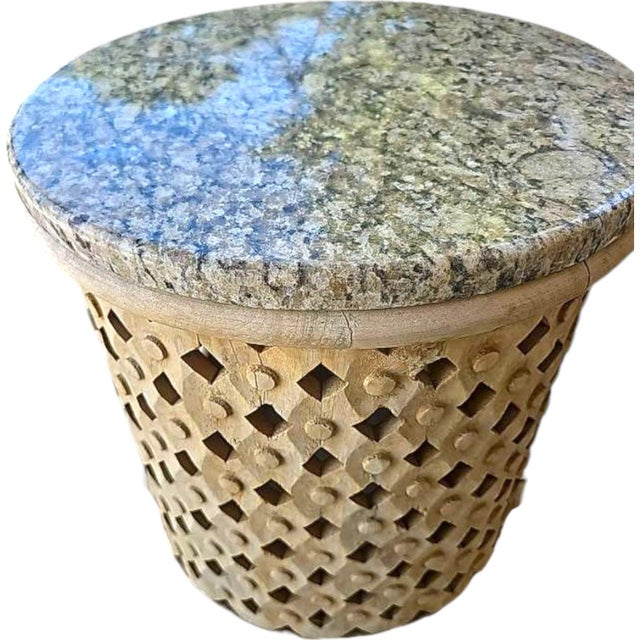 Hand Carved Wooden Drum Shaped Side Table With Lattice Detail and Granite Top For Sale - Image 4 of 5