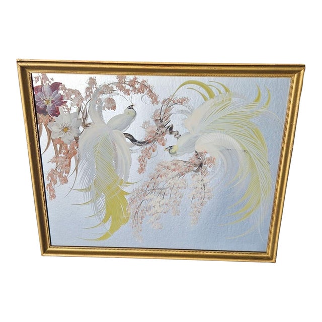 Mid‑Century Bird Painting on Silver Board – Vintage Gold Frame Artwork For Sale