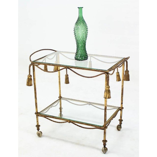 Midcentury Italian Gold Gilt Metal Rope and Tassels Glass Top Bar Tea Cart Wheel For Sale - Image 9 of 10