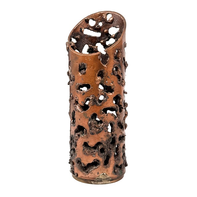 Mid-Century Modern Vintage 1970s 8" Tall Brutalist Torch-Cut Copper Brass Candle Holder - Robert Stanton Style For Sale - Image 3 of 17