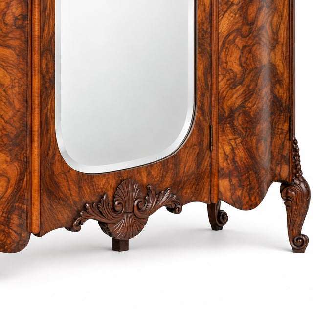 Baroque Venetian Hand-Carved Walnut & Burl Walnut Wardrobe with Mirror, 1910s For Sale - Image 4 of 13