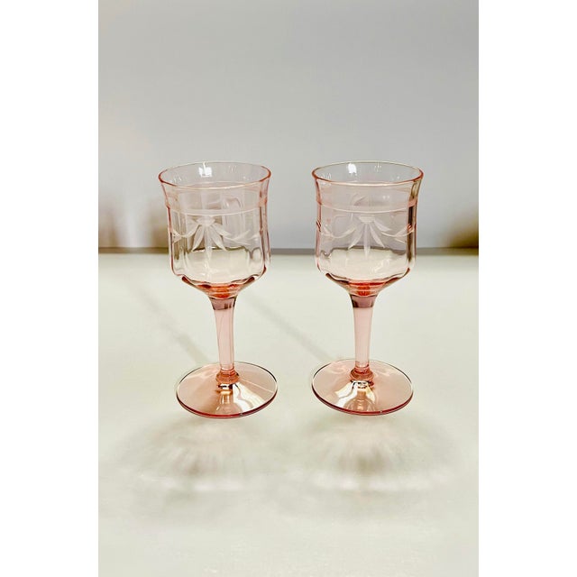 Shabby Chic Vintage Pink Glassware Set- 2 Wine Glasses & 2 Footed Tumblers For Sale - Image 3 of 12