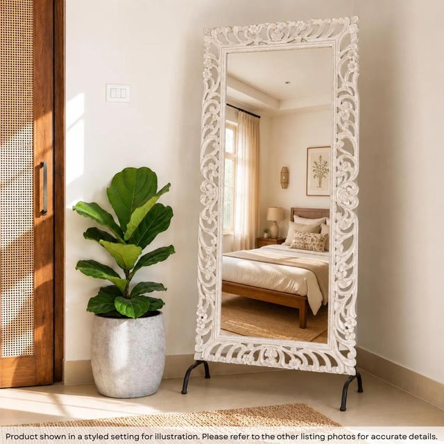Dimensions: 39" W X 18.5" D (base stand) X 84" H Features: • 100% solid wood mirror • Lattice see through carving •...