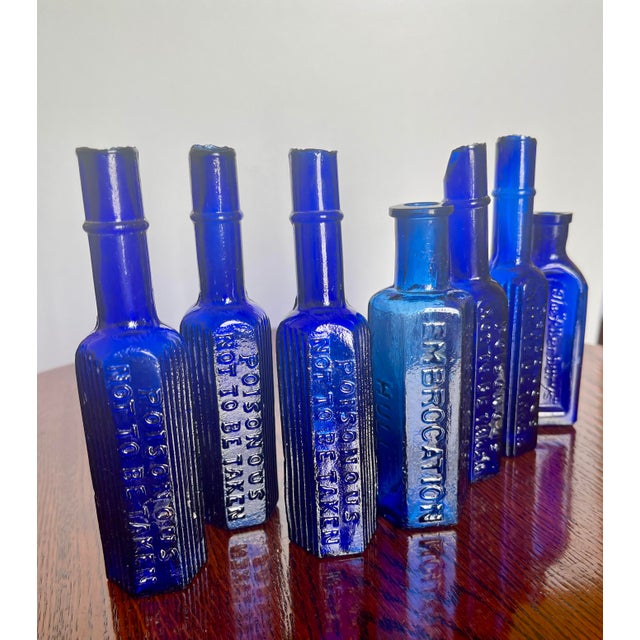 Victorian Curated Collection of 6 Victorian Cobalt Blue Apothecary & Poison Bottles For Sale - Image 3 of 8