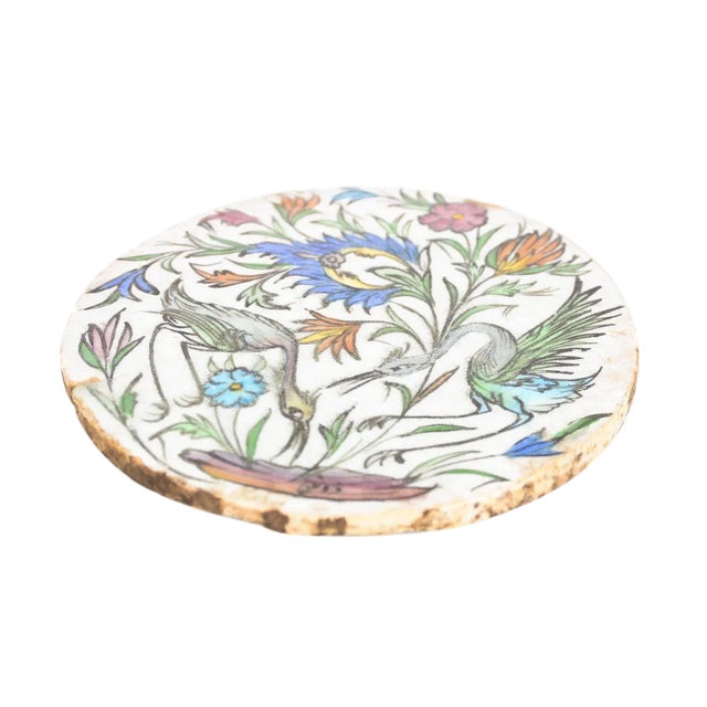 19th Century Antique Persian Hand Painted Round Tile W/Birds & Flowers For Sale