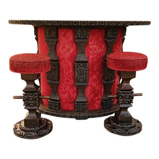 Vintage Mid Century Witco Carved Wood Tiki Dry Bar With Two Stools. For Sale