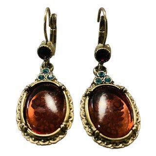 Vintage Art Nouveau Style Etched Floral Amber Dangle Earrings, A Pair For Sale