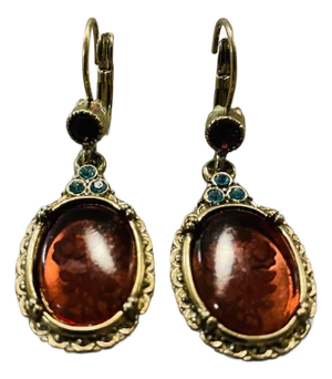 Vintage Art Nouveau Style Etched Floral Amber Dangle Earrings, A Pair