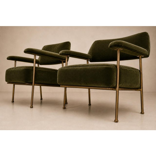 Brazilian Modern Pair of Armchairs in Aged Brass & Olive Green Mohair by Joaquim Tenreiro, 1950s For Sale In New York - Image 6 of 17