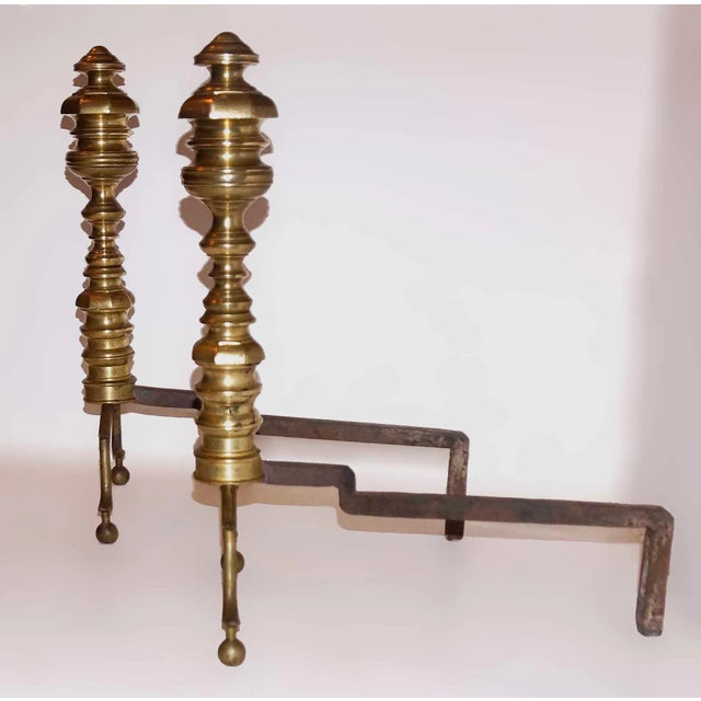 Traditional Andirons Antique Brass With Spurred Cabriole Legs and Ball Feet - A Pair For Sale - Image 3 of 5