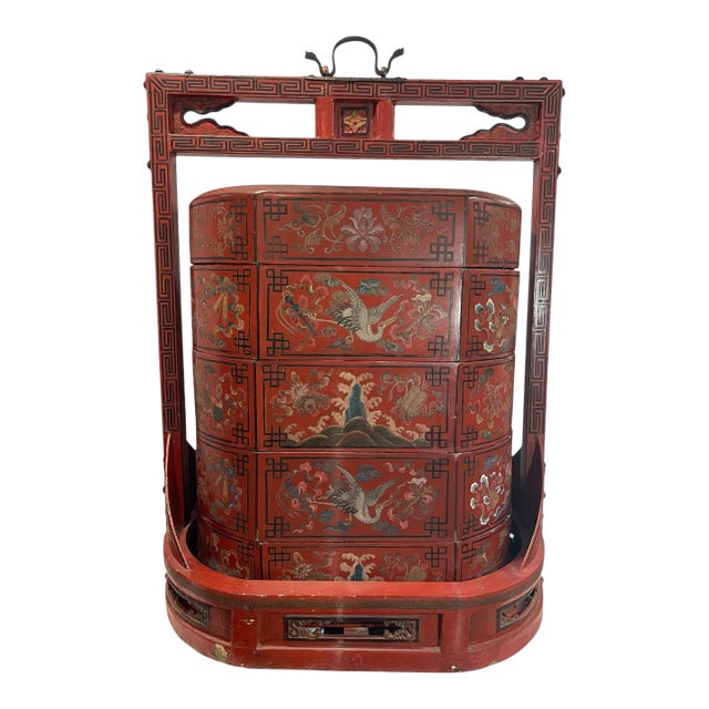 A Large Antique Chinese Red Lacquered Four-Tier Stacking Wedding Basket/Box. For Sale