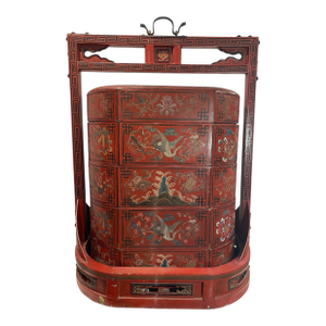 A Large Antique Chinese Red Lacquered Four-Tier Stacking Wedding Basket/Box.