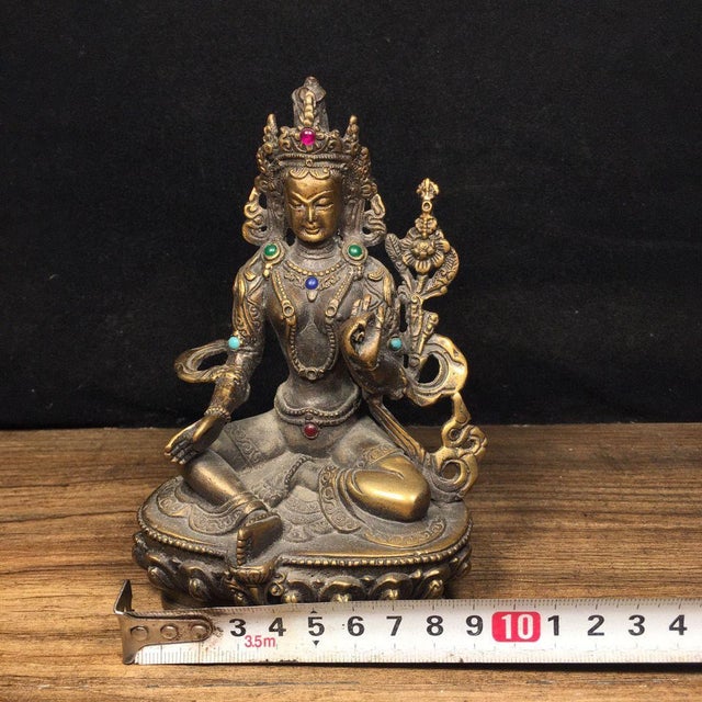 Early 21st Century Vintage Bronze Green Tara Statue With Gemstone Inlays For Sale - Image 5 of 9