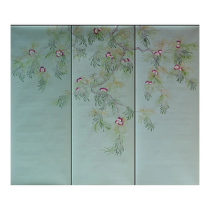 Green Silk Tree Mural Hand Painted Wallpaper - 3 Panels