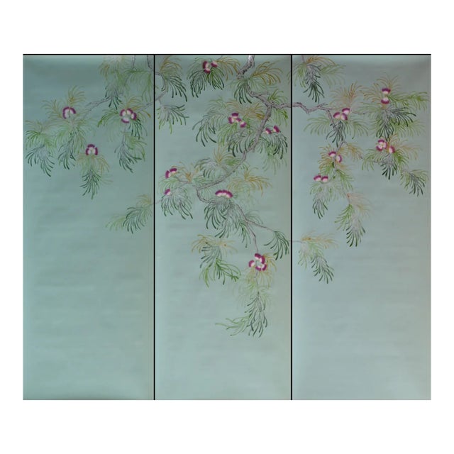 Hand-Painted Chinoiserie Dupioni Silk Botanical Wall Panels in Celadon, Set of 3 For Sale