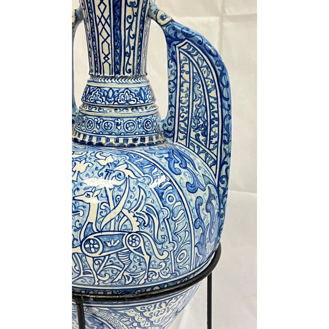 Blue Antique Blue and White Ceramic Alhambra Vase and Iron Stand For Sale - Image 8 of 12