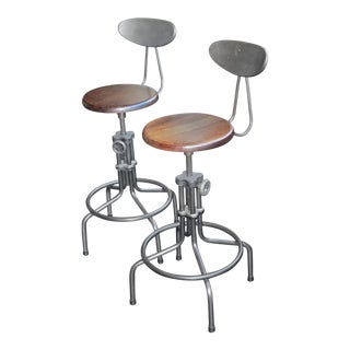 Wood & Iron Industrial Drafting Style Counter Stools - A Pair For Sale