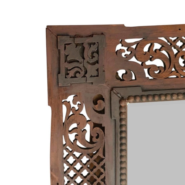 Mid 20th Century Mid-Century Modern Moroccan Hand-Carved Lattice Wood Mirror, Red Frame, Boho, 24.7"h For Sale - Image 5 of 6