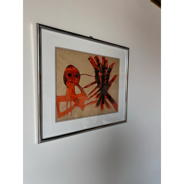 A striking 1970s vintage abstract painting rendered in bold gouache and watercolor on paper, channeling the raw emotional...