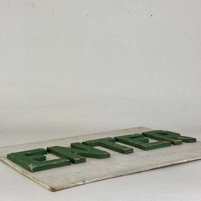 American Vintage Large "Enter" Sign on Masonite With Raised Letters in Green Paint For Sale - Image 3 of 9