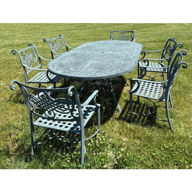 2010s Handsome Cast Aluminum Garden Table With Six Chairs For Sale - Image 5 of 11