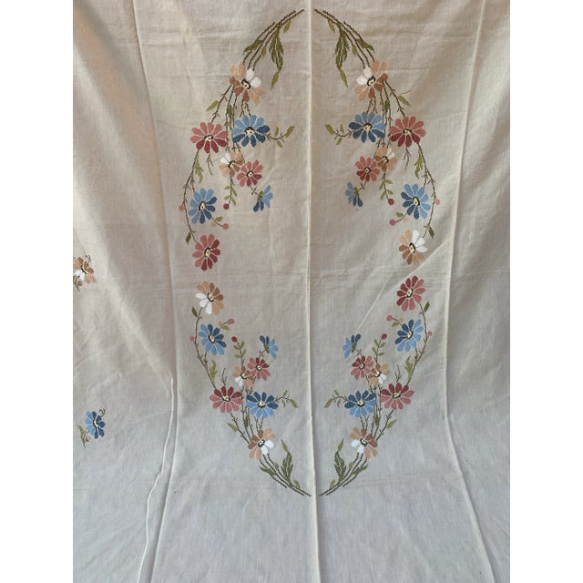 Tan Vintage Cretan Hand Embroidered Cross Stitch Floral Tablecloth Tan- Ecru Autumnal Linen For Sale - Image 8 of 12
