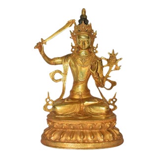 Gilt Bronze Tibetan Buddha Manjushree 13" For Sale