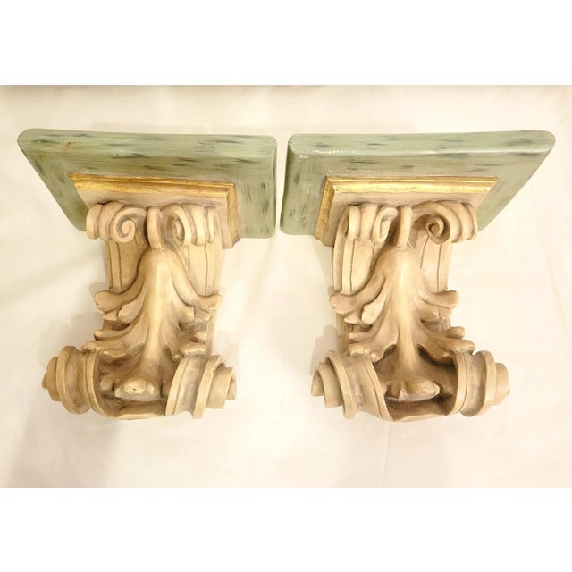Sculpture Materials Vintage Plaster Dry Brushed Antique Tan, Pale Green Gold Heavy Wall Sconce Wall Shelves- a Pair For Sale - Image 7 of 7